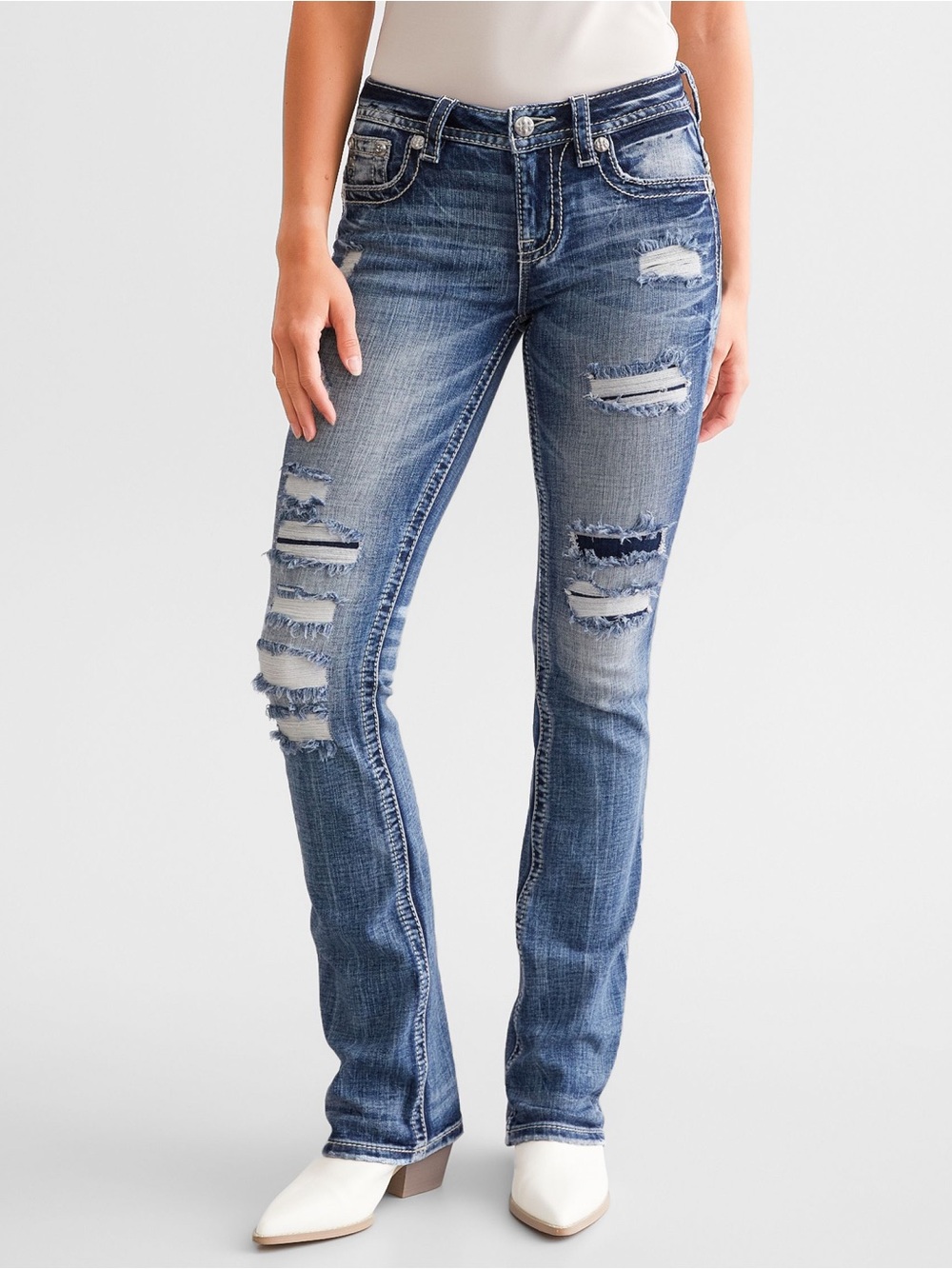 Miss Me Distressed Mid/High Rise Blue Boot Cut Jeans
